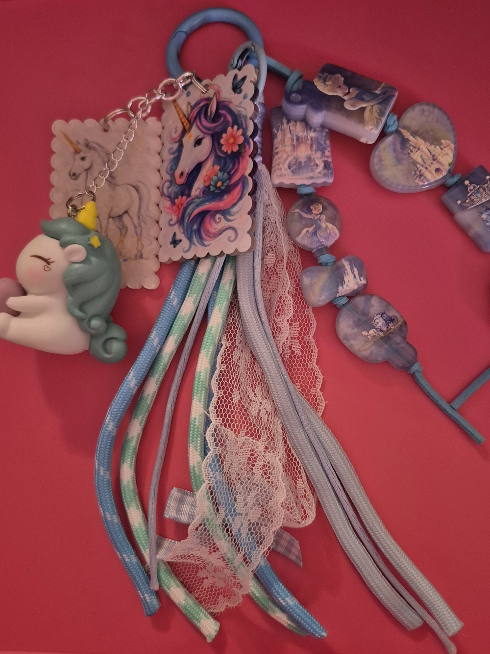 Blue & Mint Unicorn Tassel Keychain with Lace